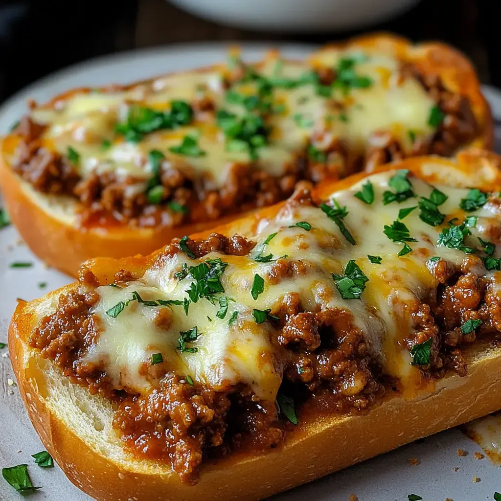 A close-up of two toasted bread halves topped with seasoned ground meat, melted cheese, and garnished with chopped parsley.