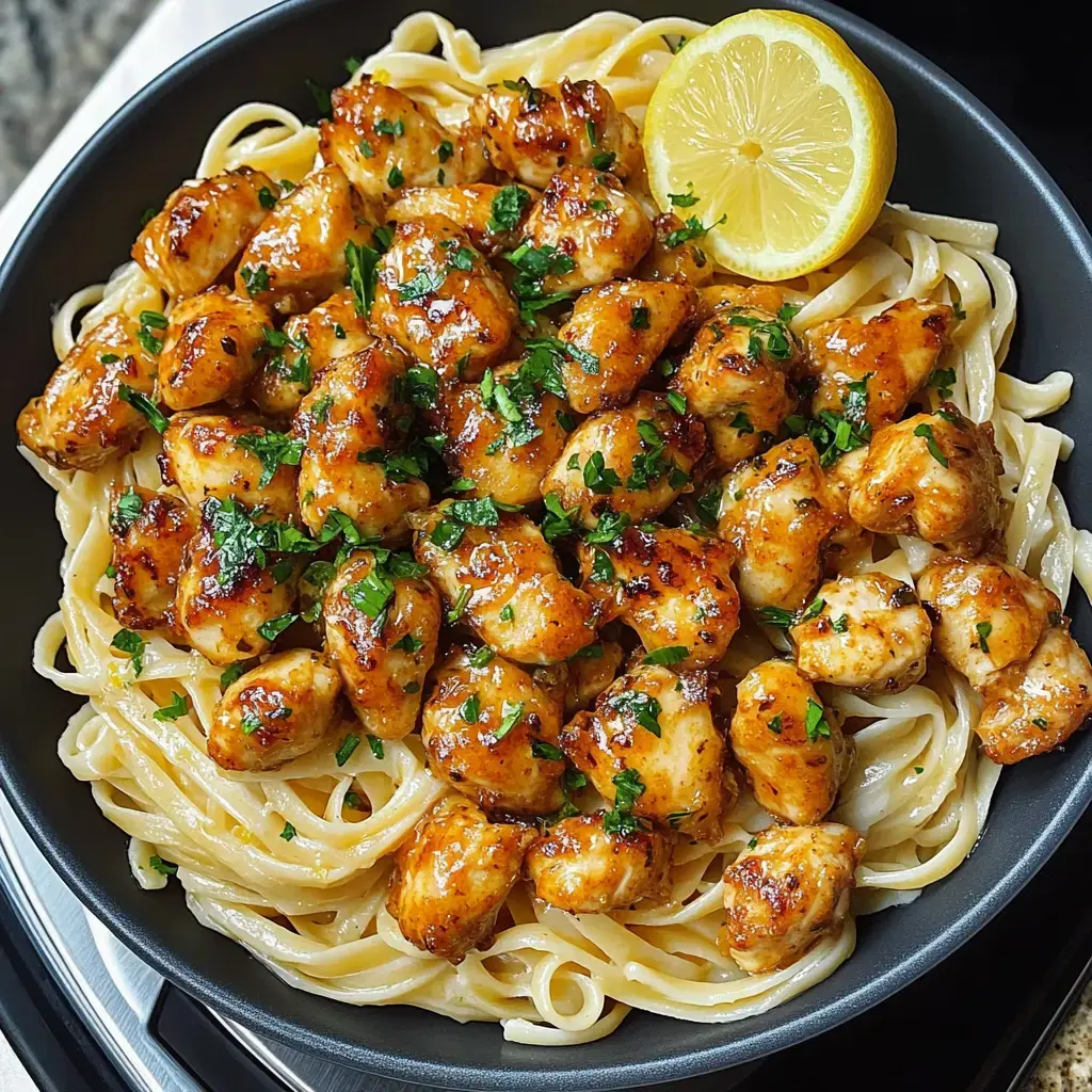 A dish of fettuccine topped with glazed chicken pieces, garnished with chopped parsley and a wedge of lemon.