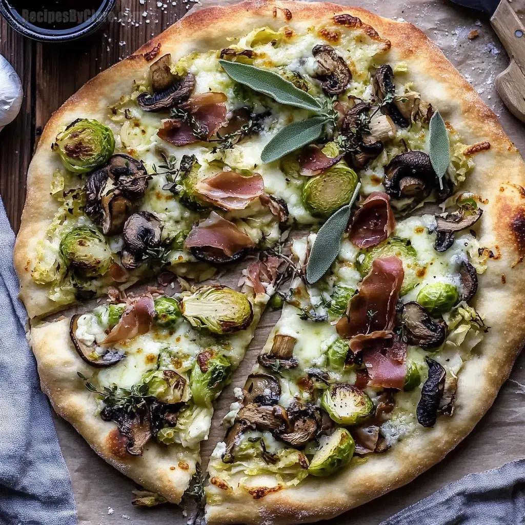 Brussels Sprout, Mushroom Pizza with Crispy Prosciutto & Sage