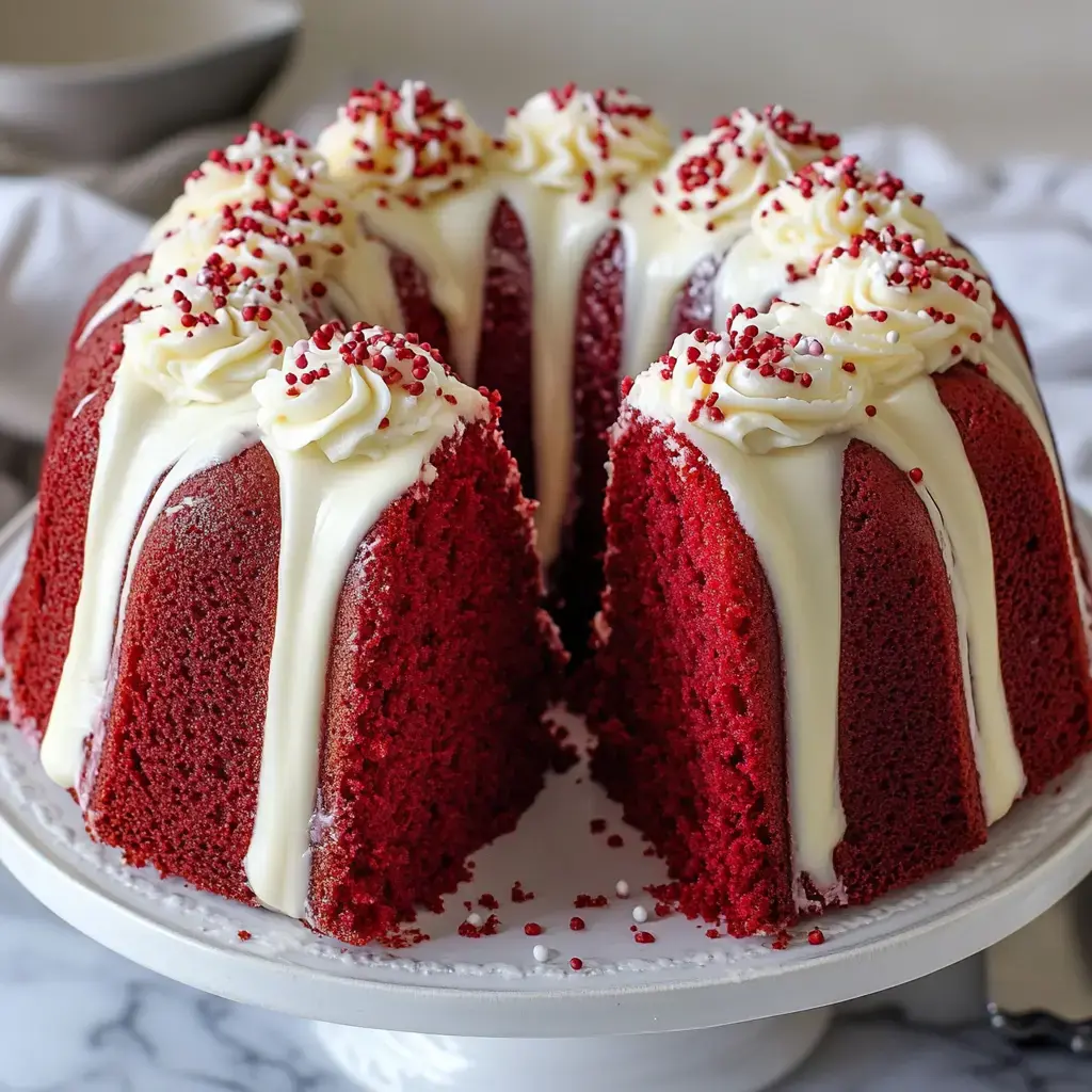 A beautifully decorated red velvet bundt cake with cream cheese frosting and red sprinkles, sliced to show its rich, red interior, sits on a white cake stand.