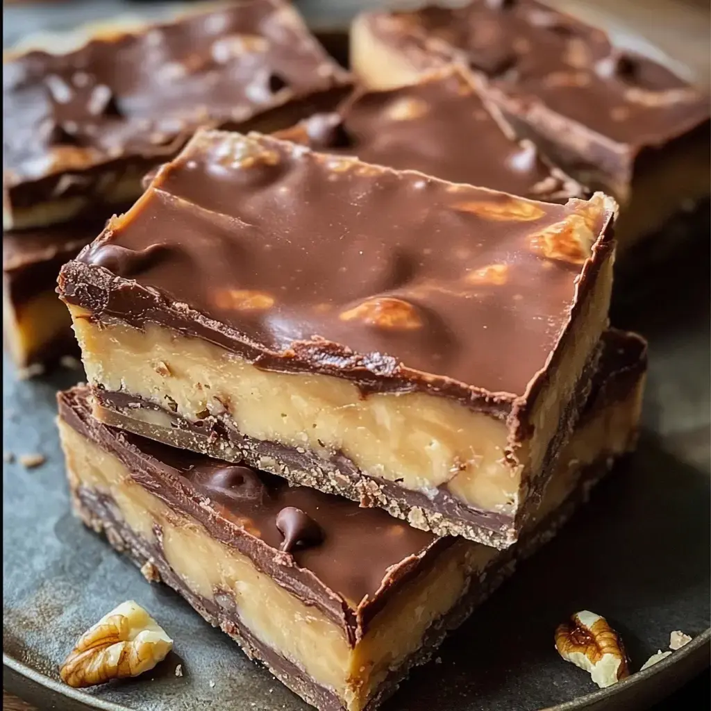 A close-up view of layered chocolate and caramel dessert bars arranged on a plate, with a pecan on the side.