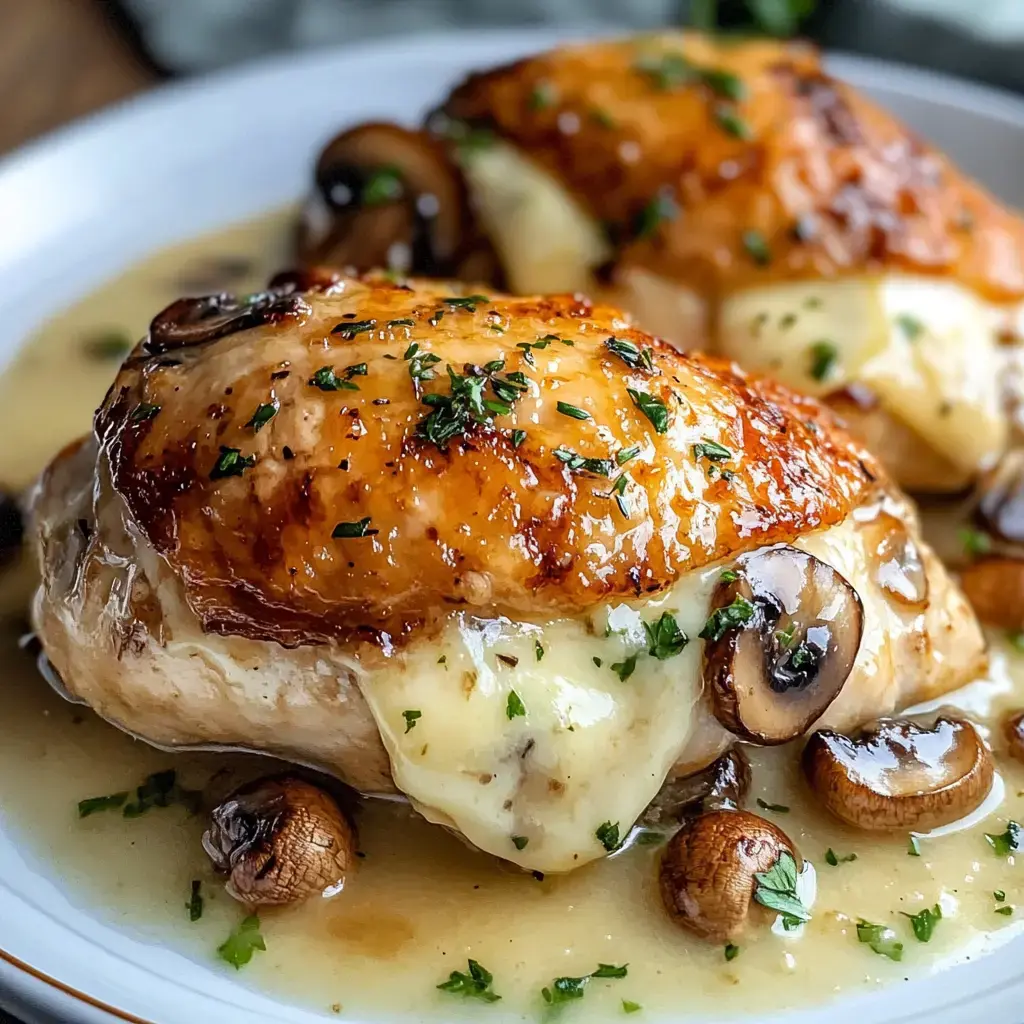 A close-up of succulent, baked chicken breasts topped with melted cheese and garnished with chopped parsley, served with sautéed mushrooms in a savory sauce.