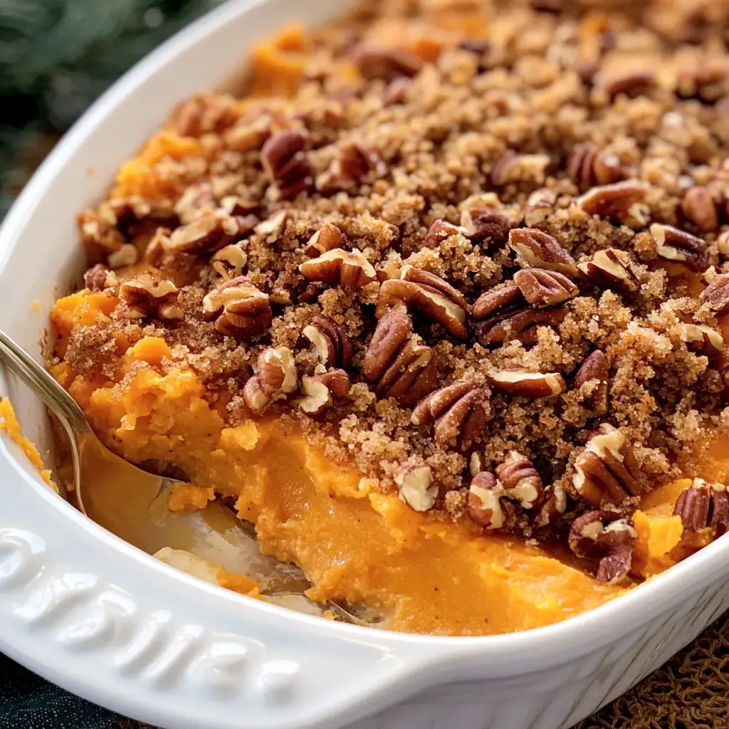 A close-up of a dish of sweet potato casserole topped with chopped pecans and brown sugar.