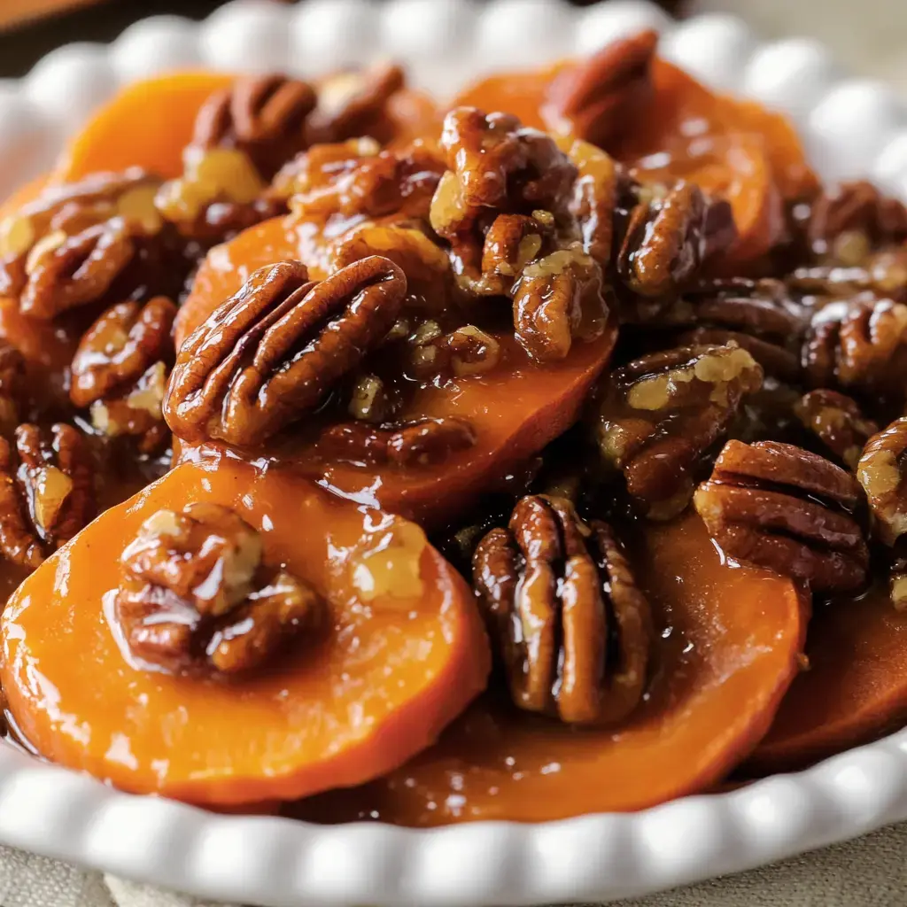 A close-up of sliced sweet potatoes topped with caramelized pecans in a glossy syrup.