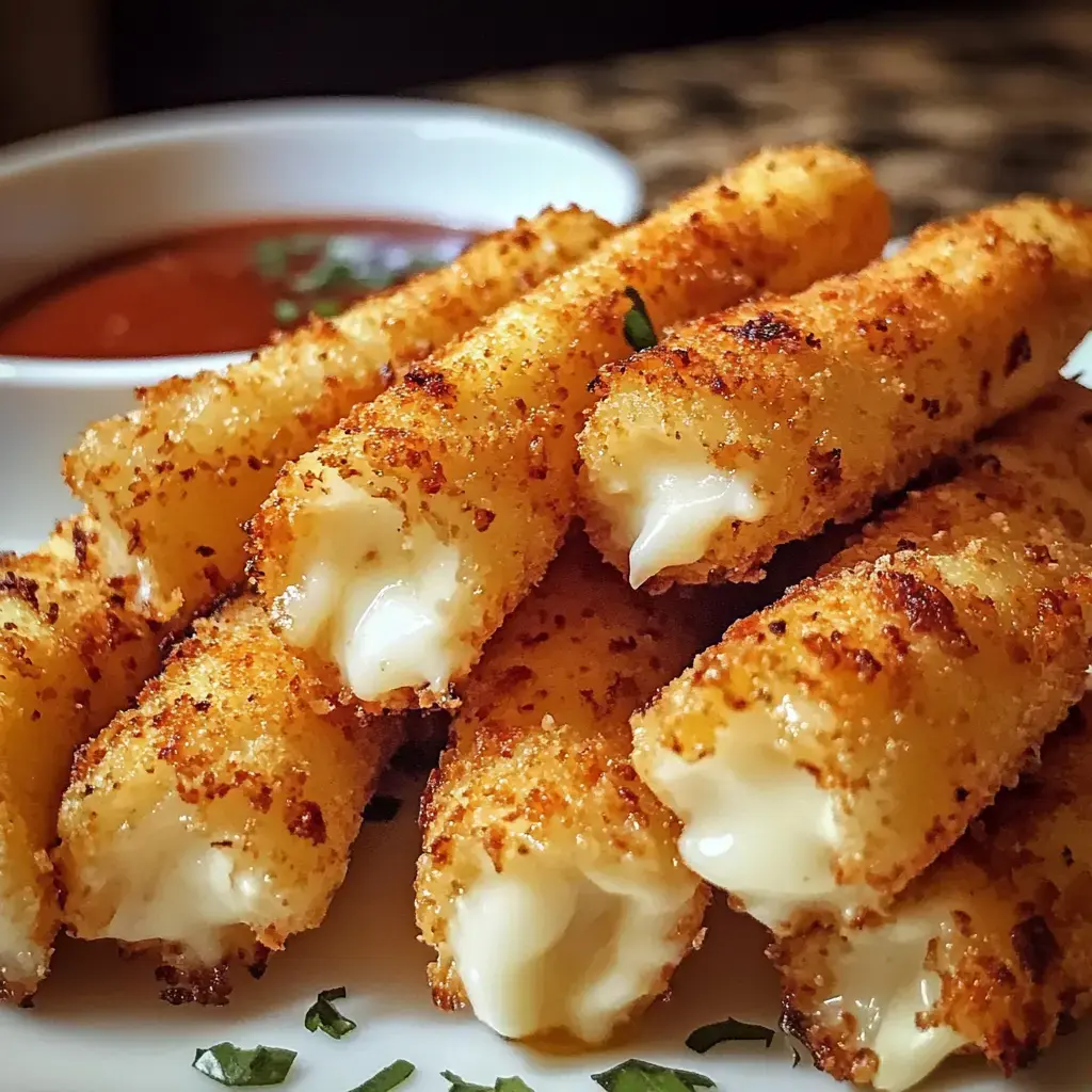 A close-up of crispy, golden cheese sticks served on a plate with a small bowl of marinara sauce in the background.