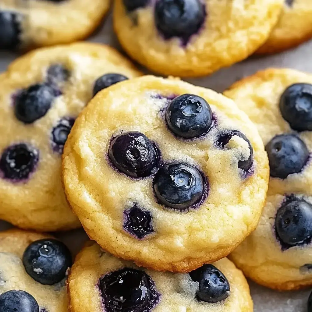 A close-up of freshly baked blueberry muffins, topped with dark blueberries and showcasing a golden yellow texture.