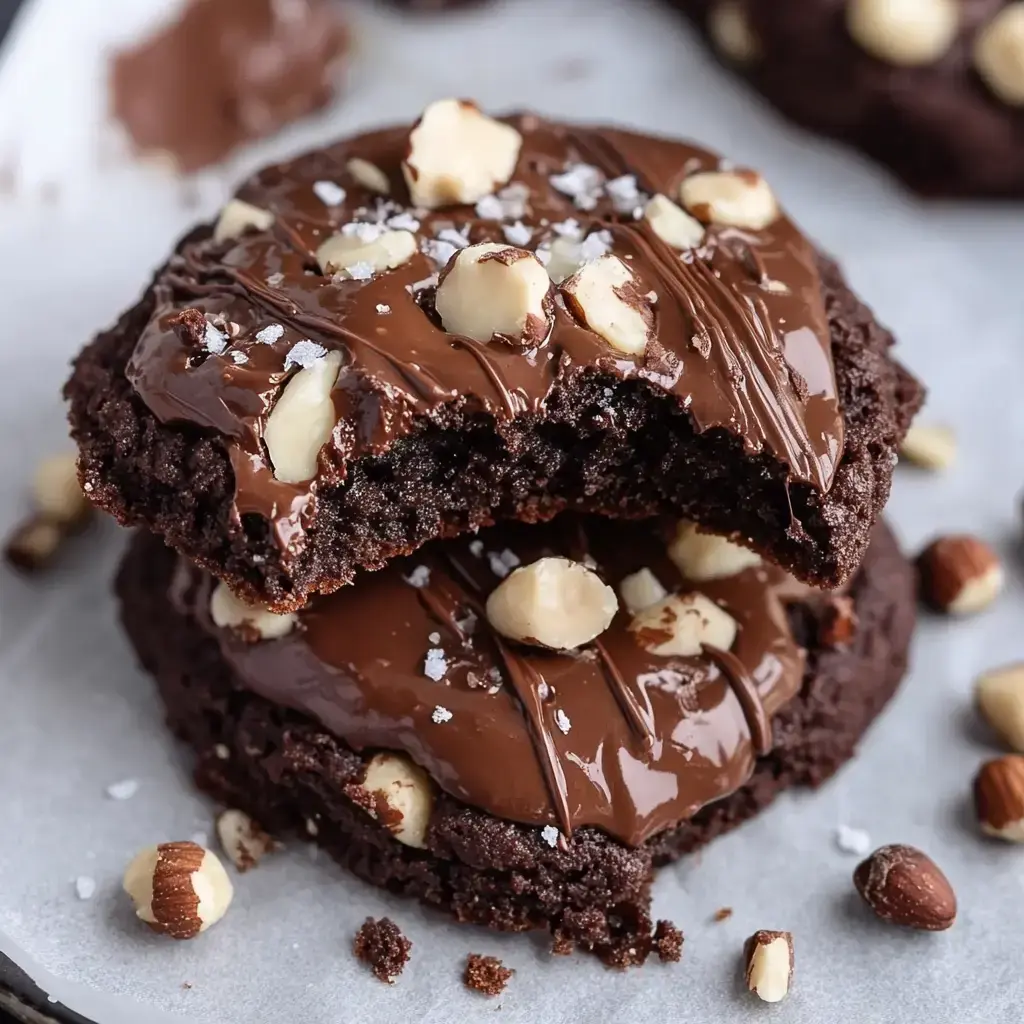 A close-up of two chocolate cookies stacked with a bite taken out of the top one, topped with melted chocolate, chopped hazelnuts, and a sprinkle of sea salt.