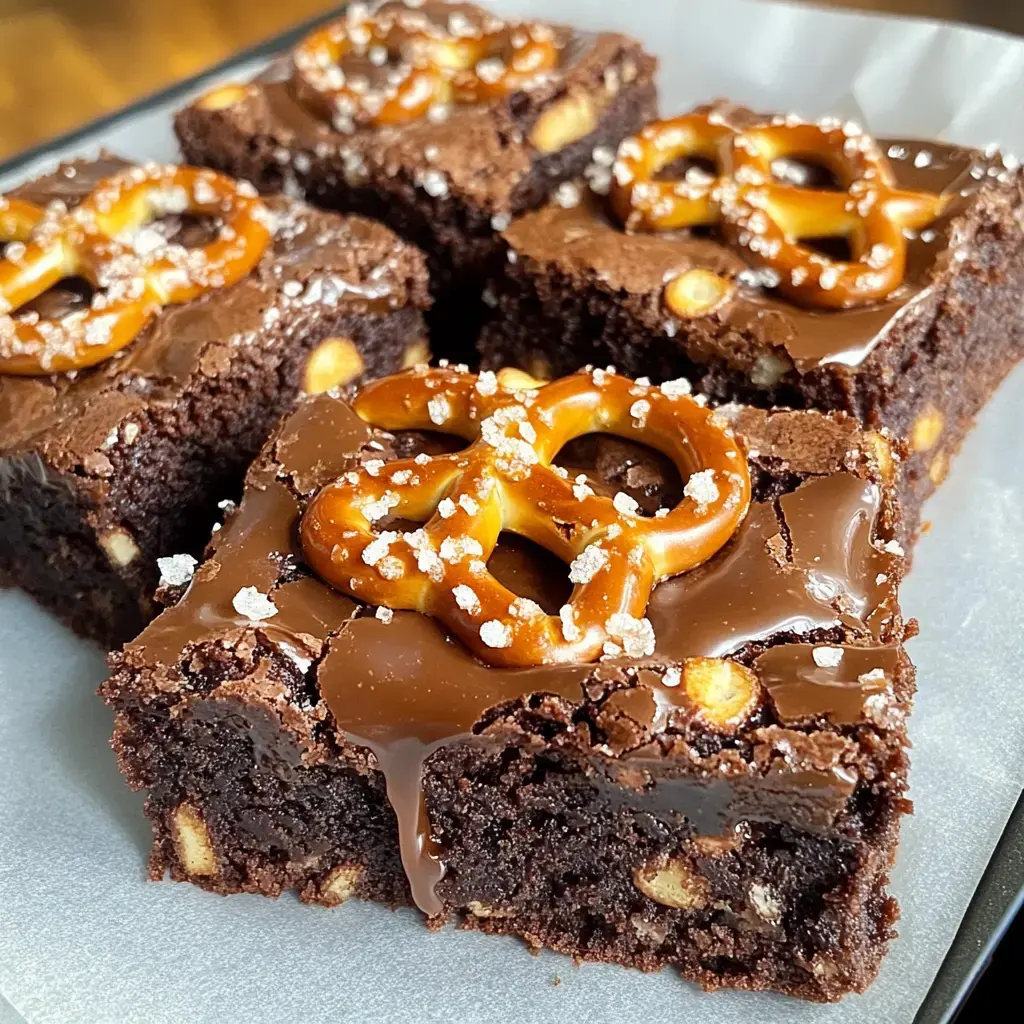 A close-up of chocolate brownies topped with pretzels and a sprinkle of sea salt.