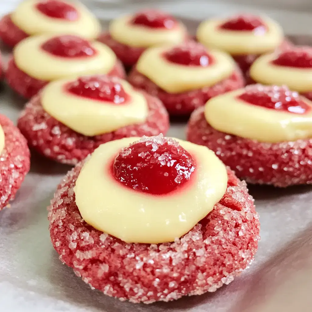 A close-up image of red cookies topped with a creamy yellow frosting and a glossy red cherry in the center.