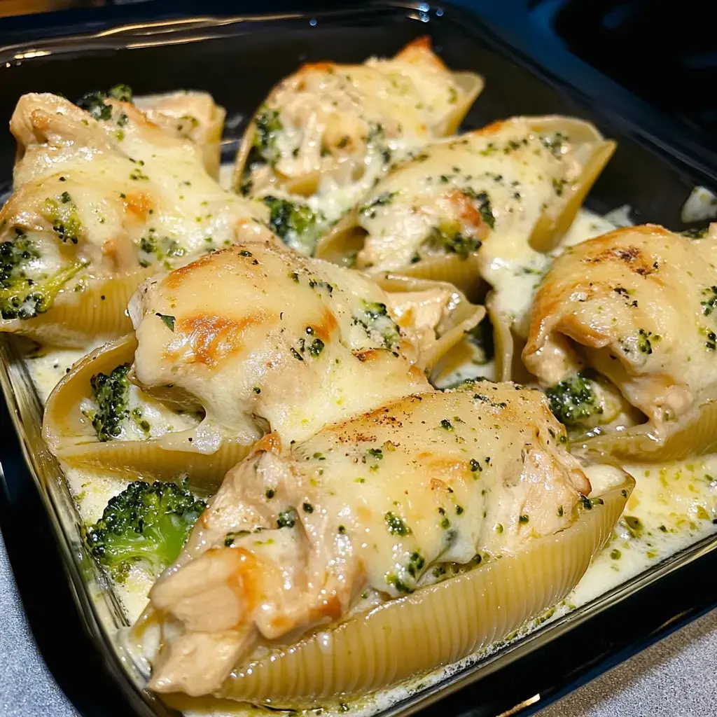 A close-up of a dish featuring large pasta shells stuffed with chicken and broccoli, topped with melted cheese.