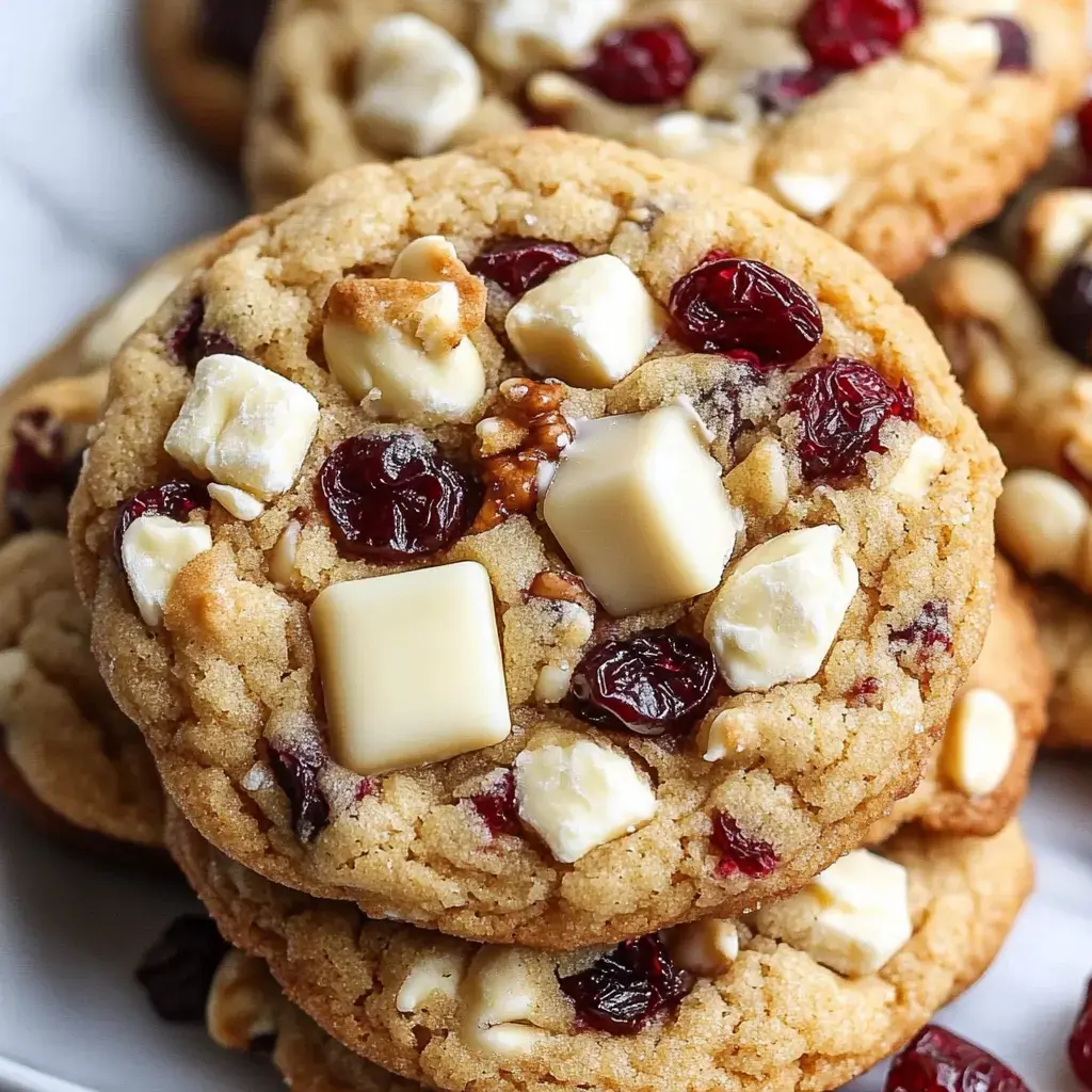 A close-up of stacked cookies featuring white chocolate chunks and dried cranberries on a white plate.