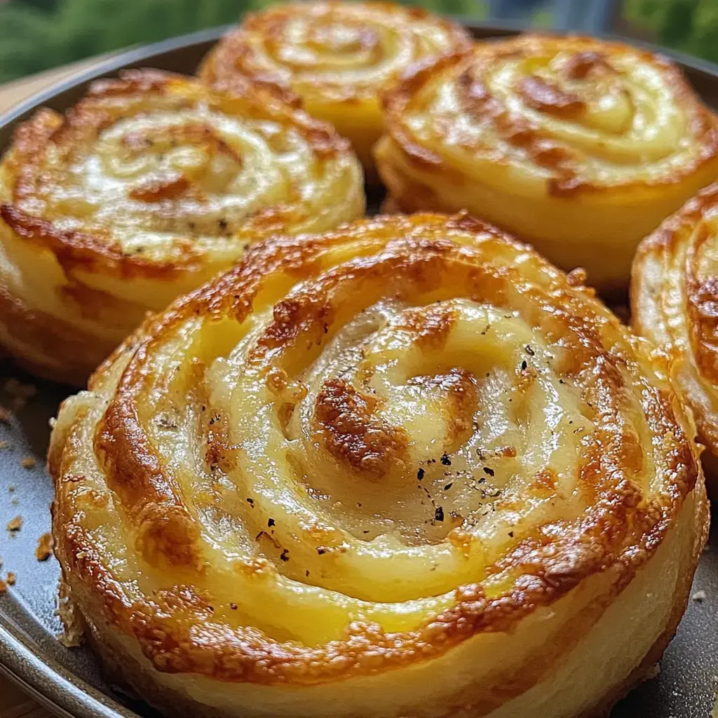 A close-up view of several golden-brown spiral pastries arranged on a plate.