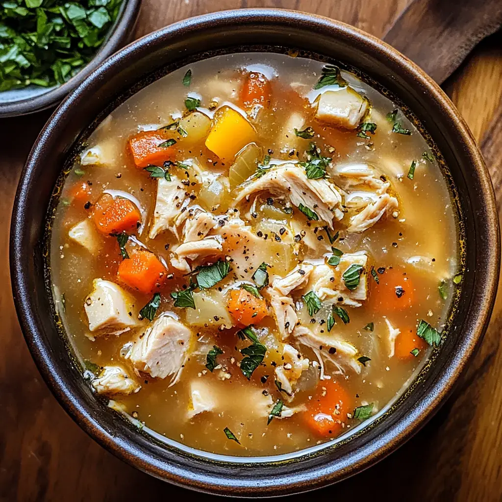 A close-up of a bowl of chicken soup garnished with fresh herbs and mixed vegetables, placed on a wooden surface.