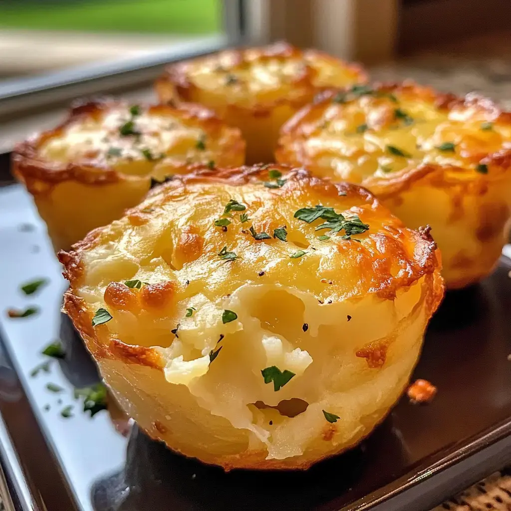 Four golden-browned, cheesy potato cups topped with green herbs sit on a black plate.