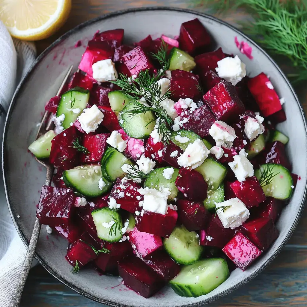 A colorful salad featuring diced beets, cucumbers, and crumbled feta, garnished with fresh dill and set in a bowl near a lemon.