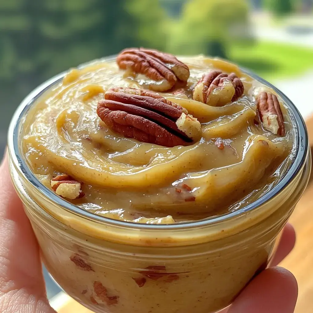 A close-up of a jar filled with creamy nut butter topped with whole pecans, held by a hand.