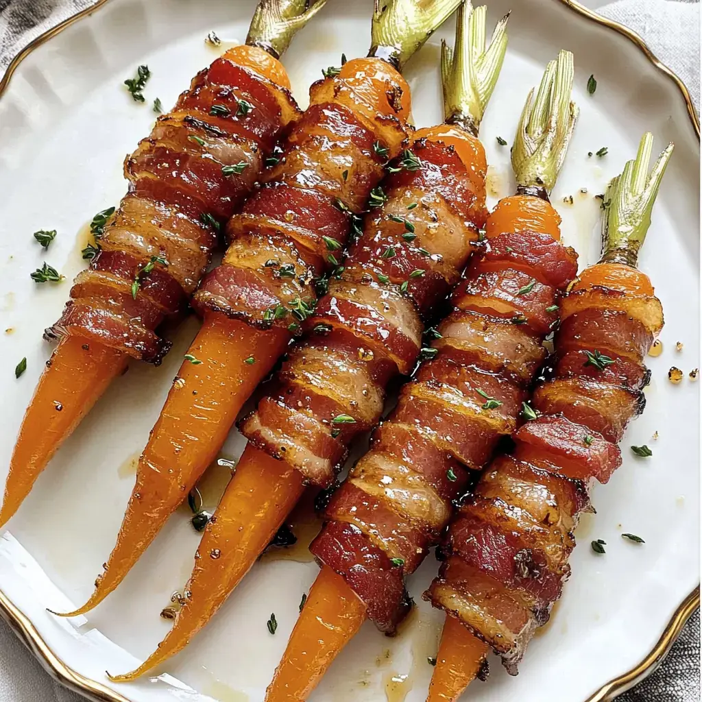 Four orange carrots wrapped in crispy bacon and garnished with herbs, arranged on a white plate.