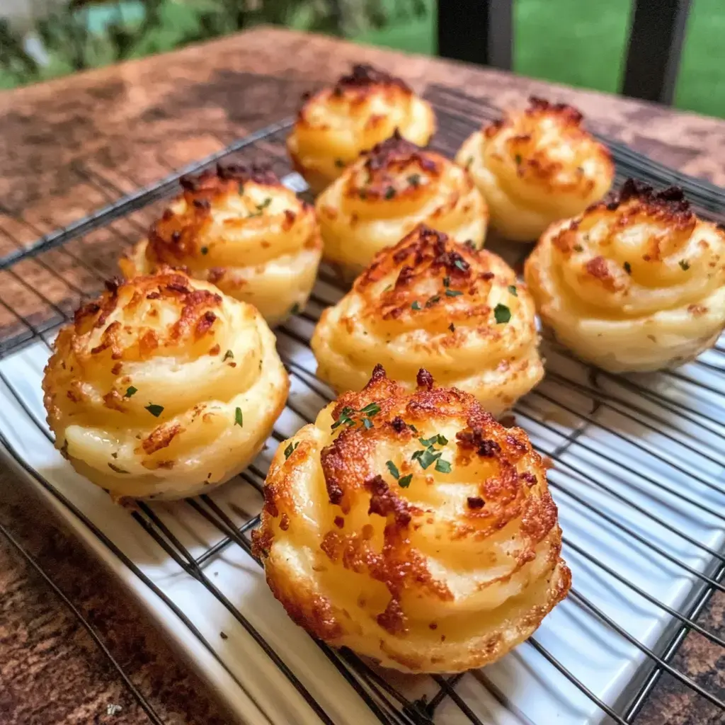 A plate of golden-brown, perfectly baked mashed potato roses garnished with herbs, resting on a cooling rack.