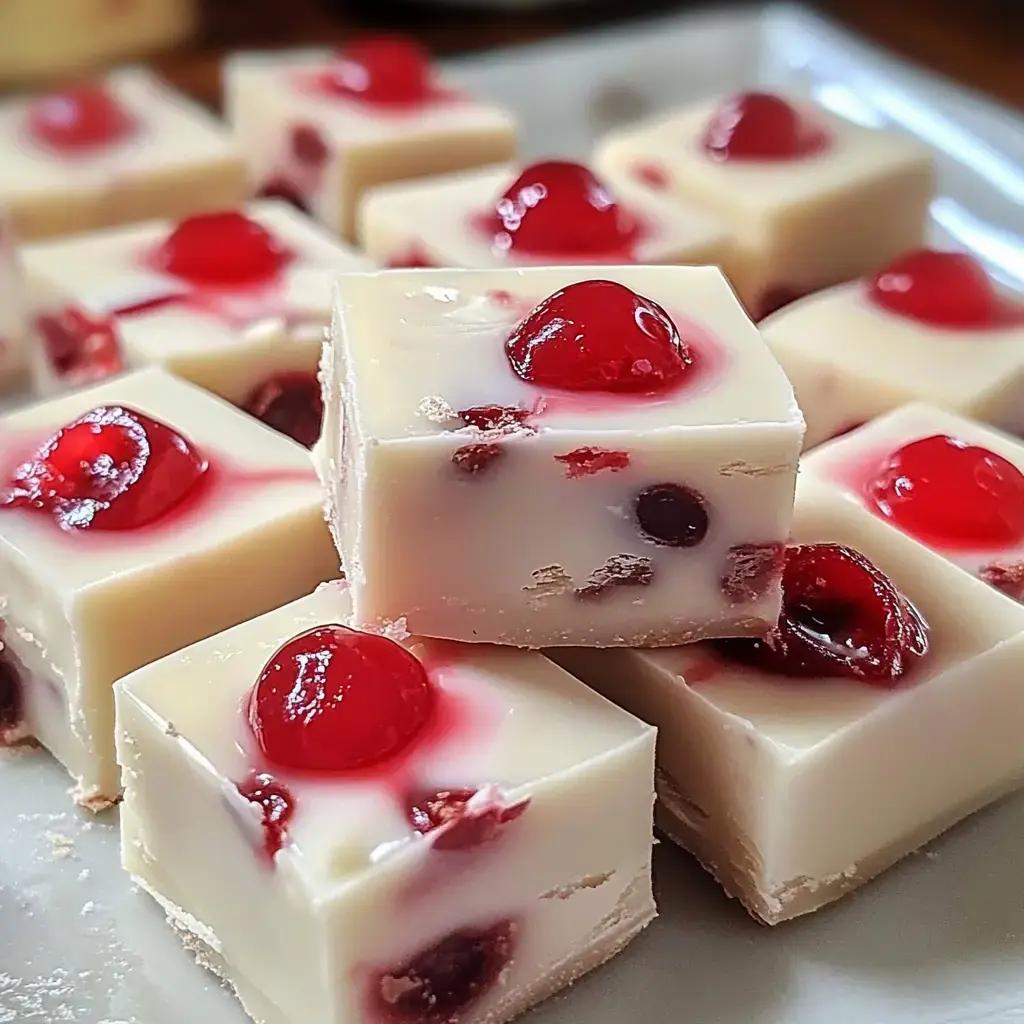 A close-up of square pieces of creamy dessert topped with red cherries on a white plate.