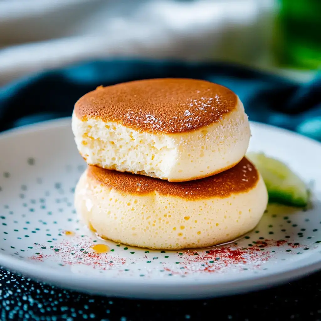 A close-up of two fluffy Japanese pancakes stacked on a decorative plate, lightly dusted with powdered sugar and accompanied by a slice of lime.