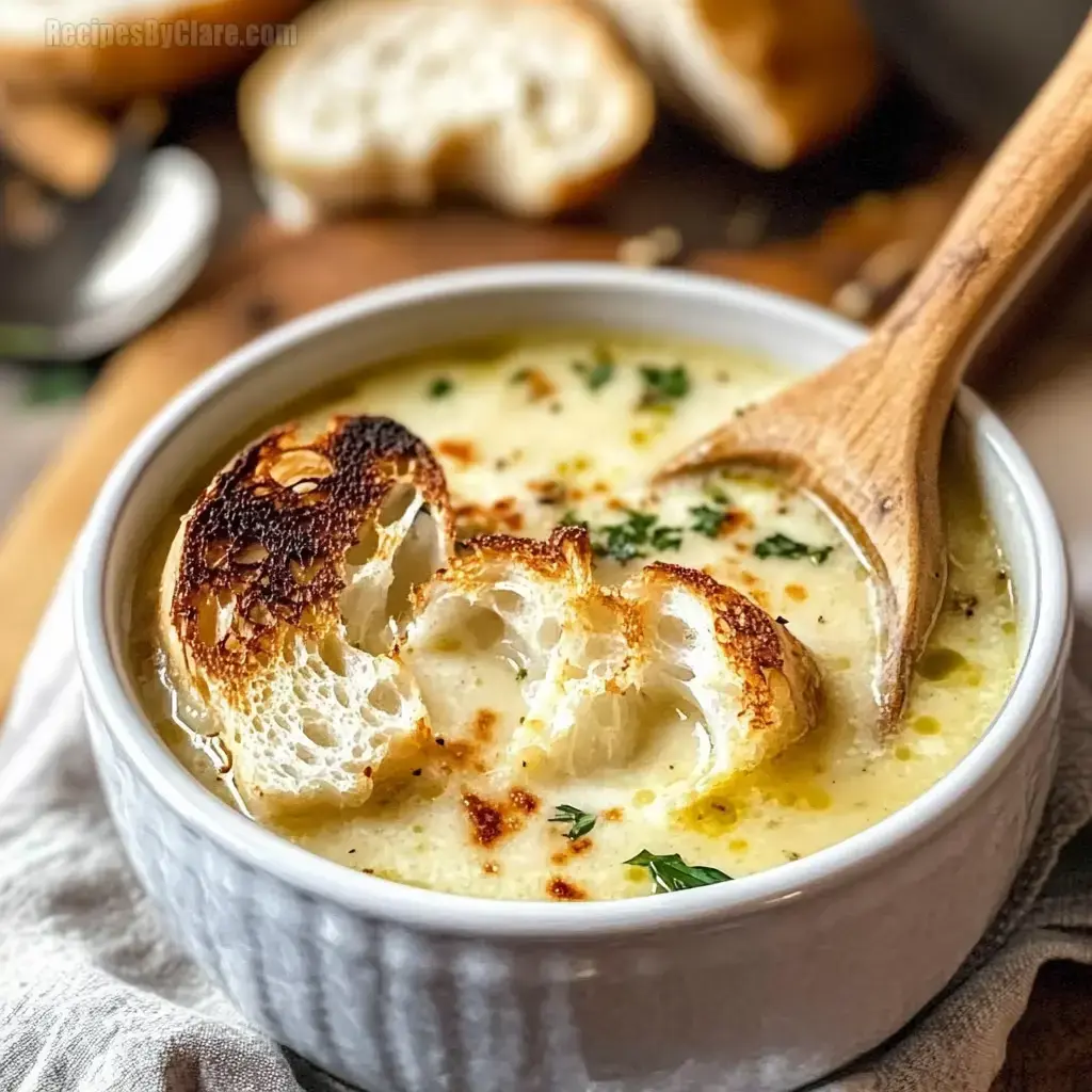 A bowl of creamy soup topped with toasted bread slices and garnished with herbs, accompanied by a wooden spoon.