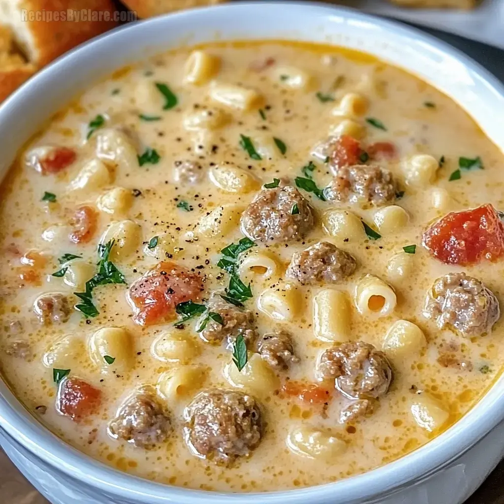 A close-up view of a creamy soup with pasta, meatballs, diced tomatoes, and parsley, served in a white bowl.