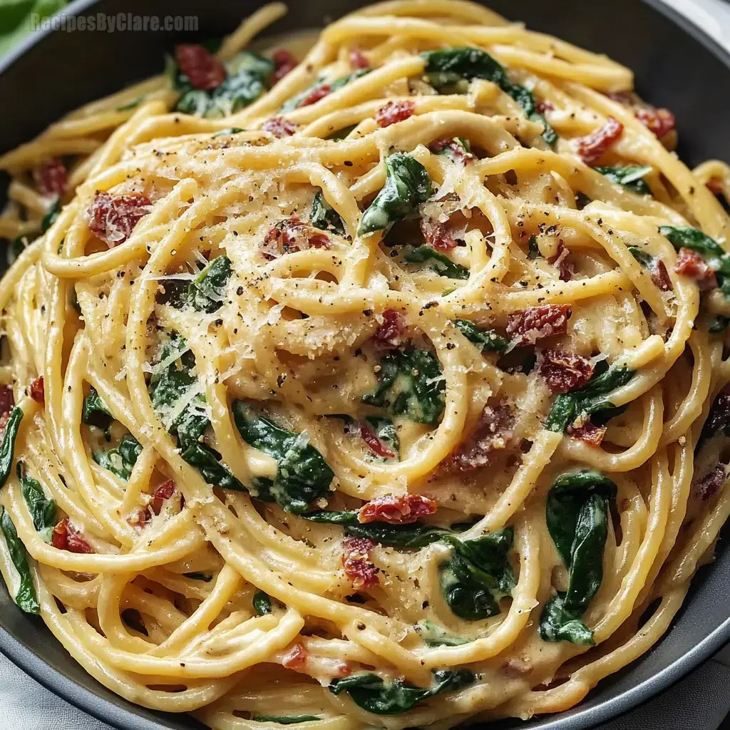 Spaghetti with Spinach & Sun-Dried Tomato Cream Sauce