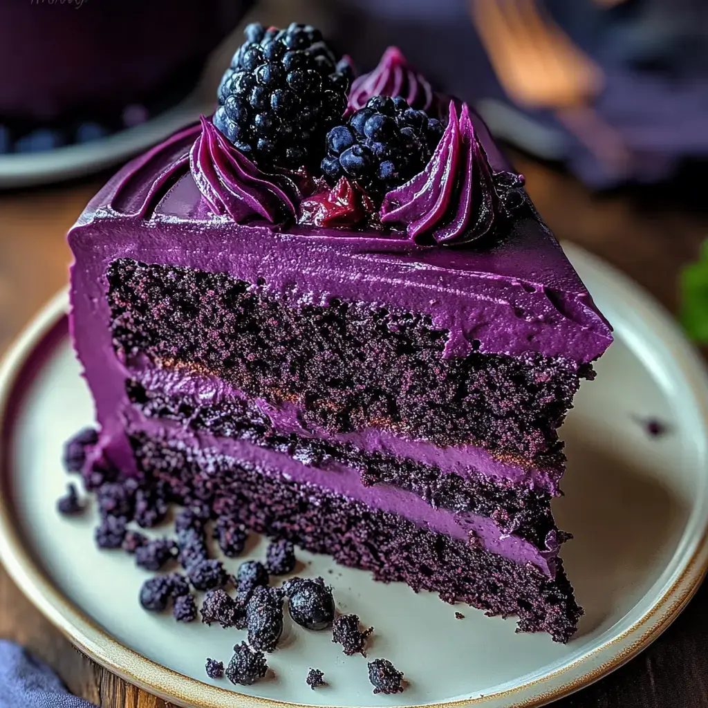 A slice of rich purple velvet cake topped with blackberries and decorative icing sits on a plate, revealing its moist layers.