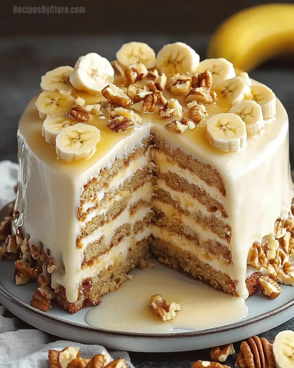 A moist layered banana cake with cream frosting, topped with banana slices and chopped pecans, showing a slice cut out.