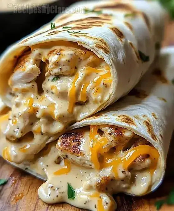 A close-up of two toasted wraps filled with creamy sauce, grilled chicken, and melted cheese, resting on a wooden surface.