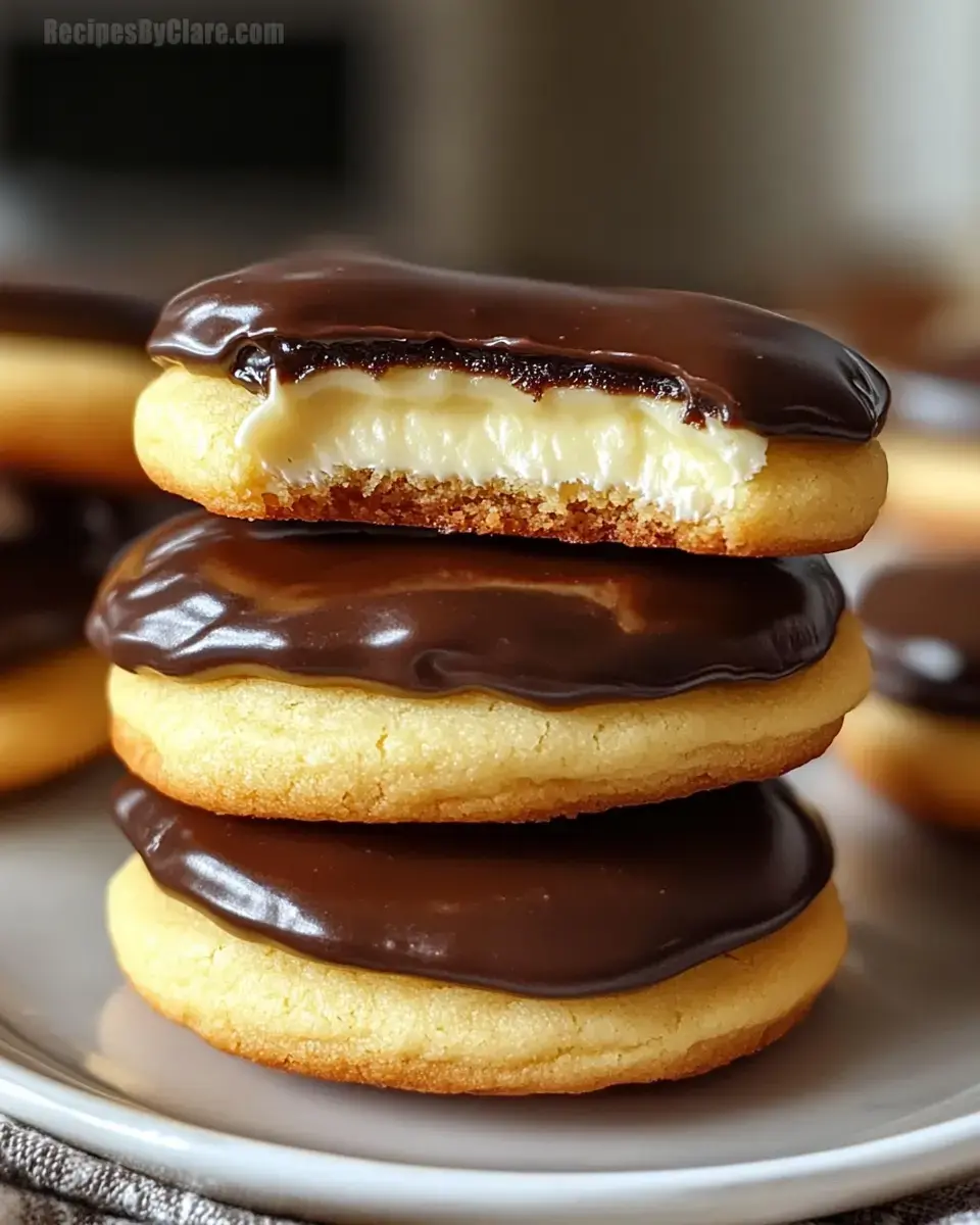 Boston Cream Pie Cookies filled with vanilla pudding and drizzled with chocolate ganache