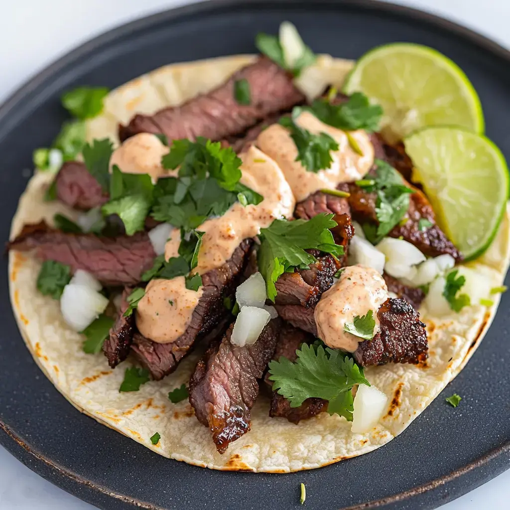 A taco topped with grilled steak, cilantro, diced onions, and a creamy sauce, served with lime wedges on a dark plate.