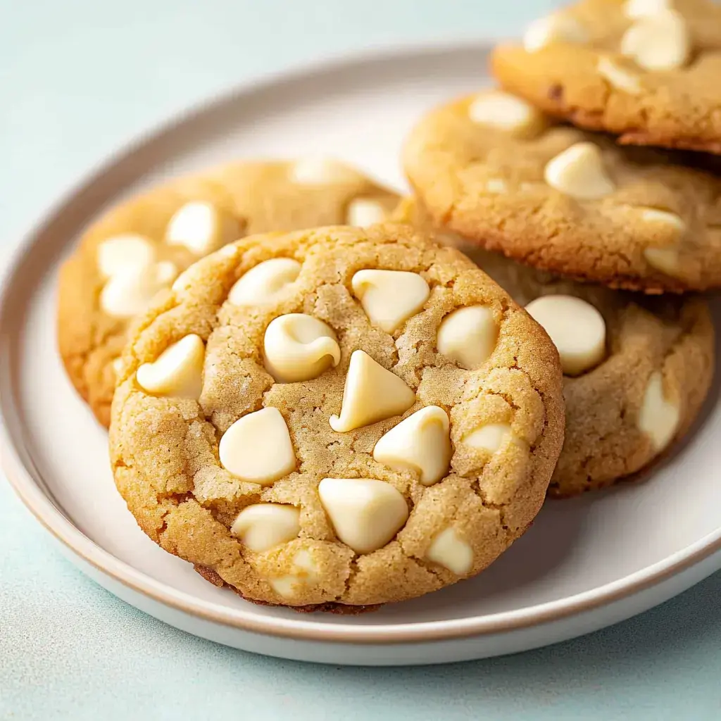 A plate of freshly baked cookies with white chocolate chips.