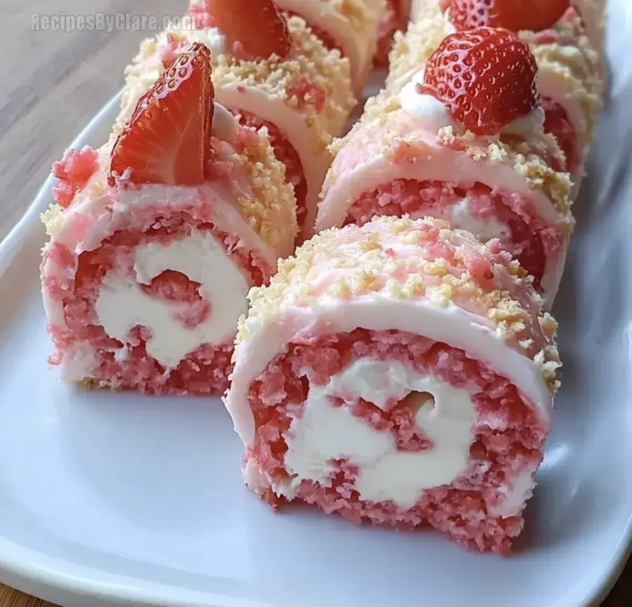 A plate of sliced strawberry roll cake topped with fresh strawberries and cream.