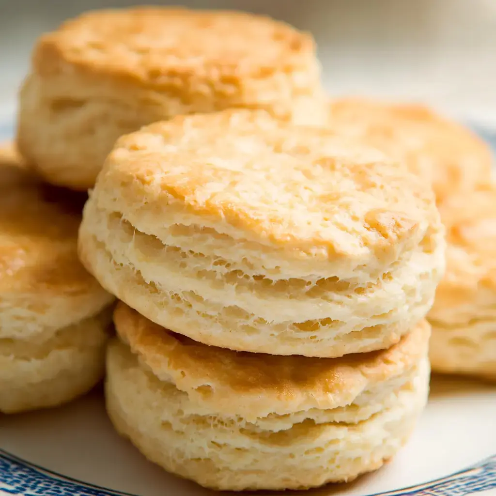 A stack of golden-brown, flaky biscuits on a plate.