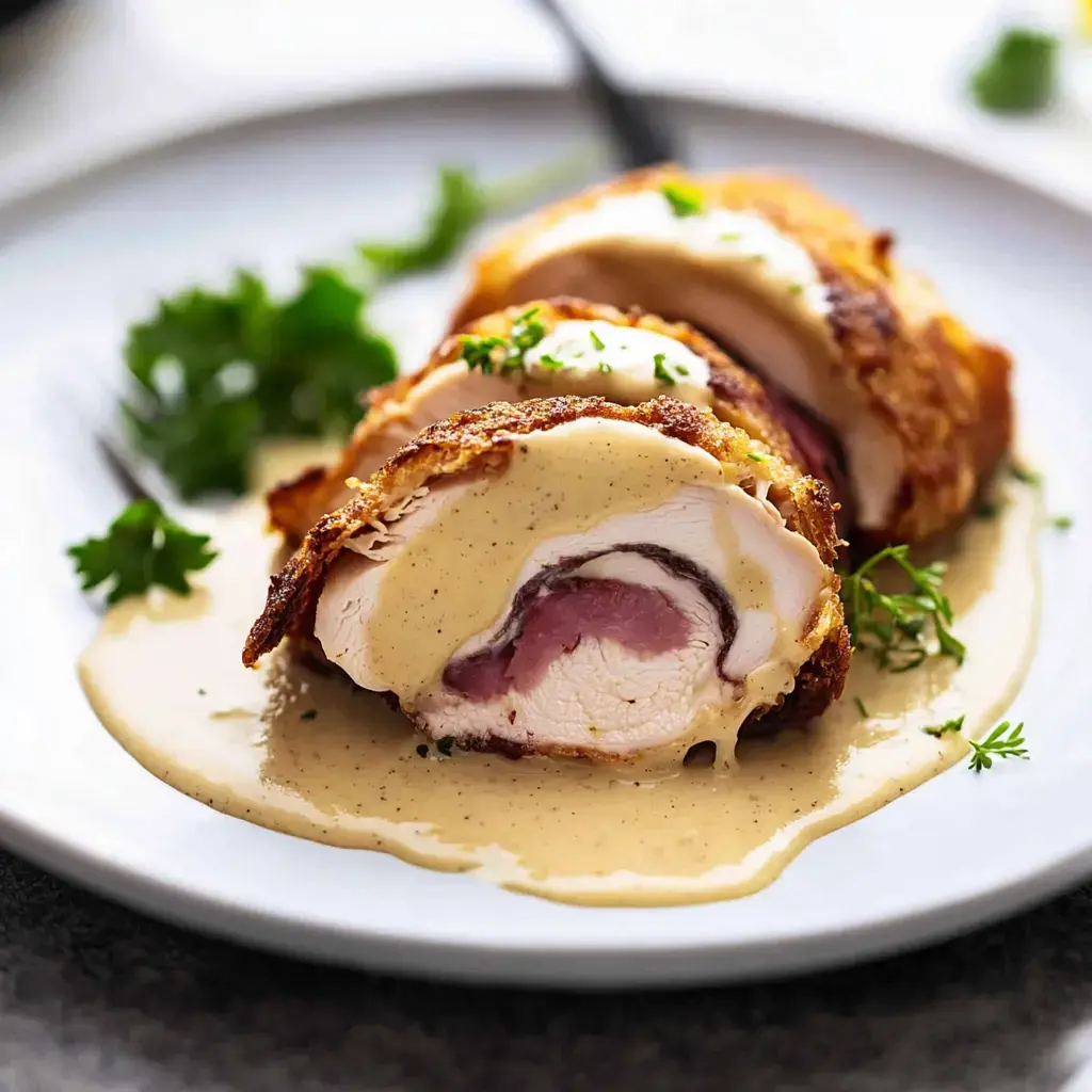 A plated dish of stuffed chicken roulade with creamy sauce and garnished with parsley.