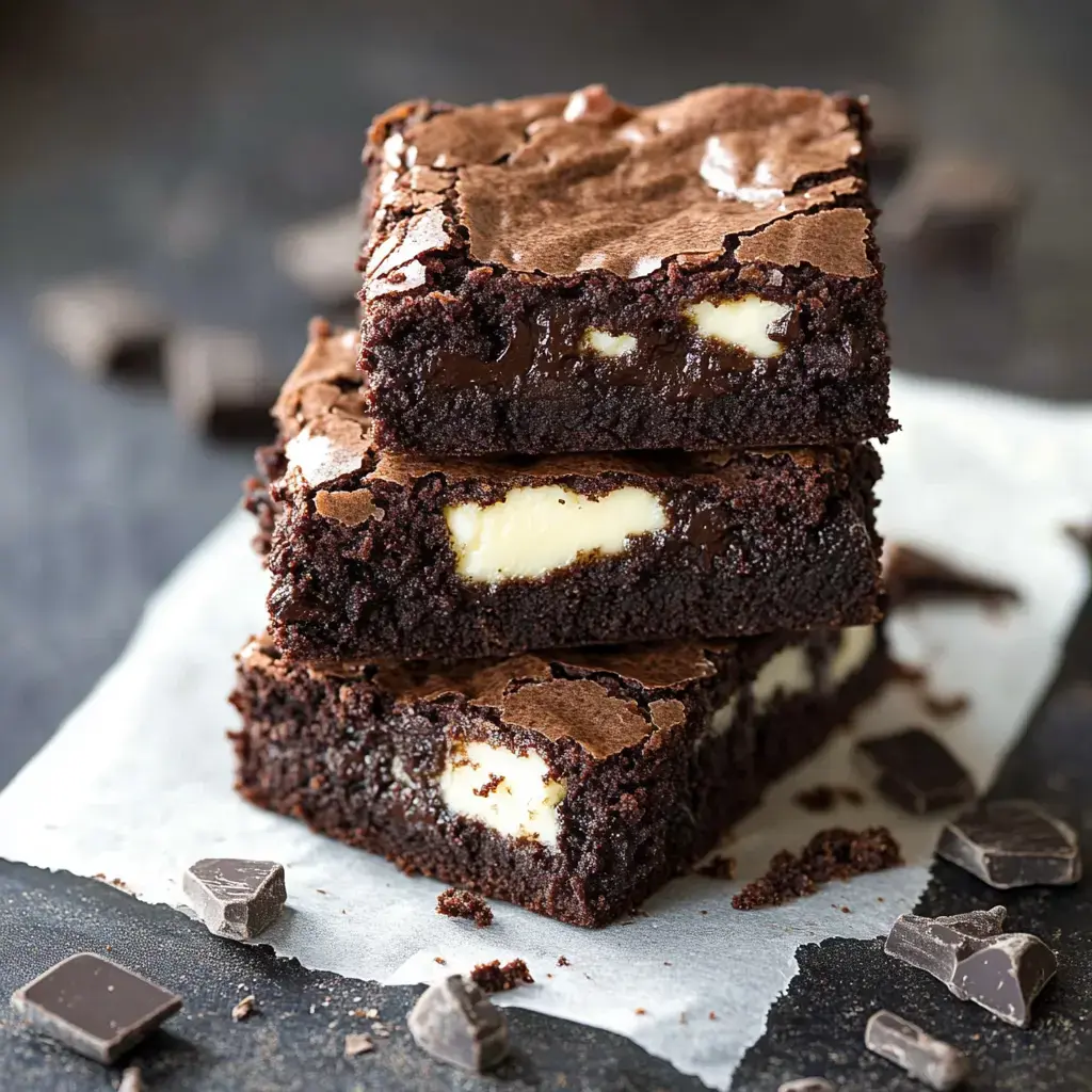 A stack of three rich chocolate brownies with a creamy filling, surrounded by chocolate chunks on a dark surface.