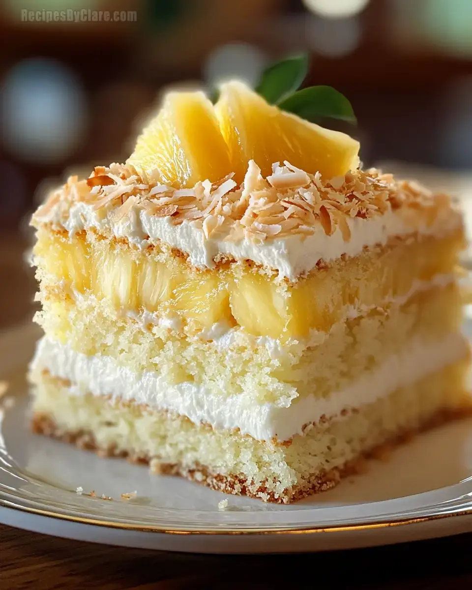 A close-up of a slice of layered cake topped with coconut flakes and pineapple garnishes on a decorative plate.