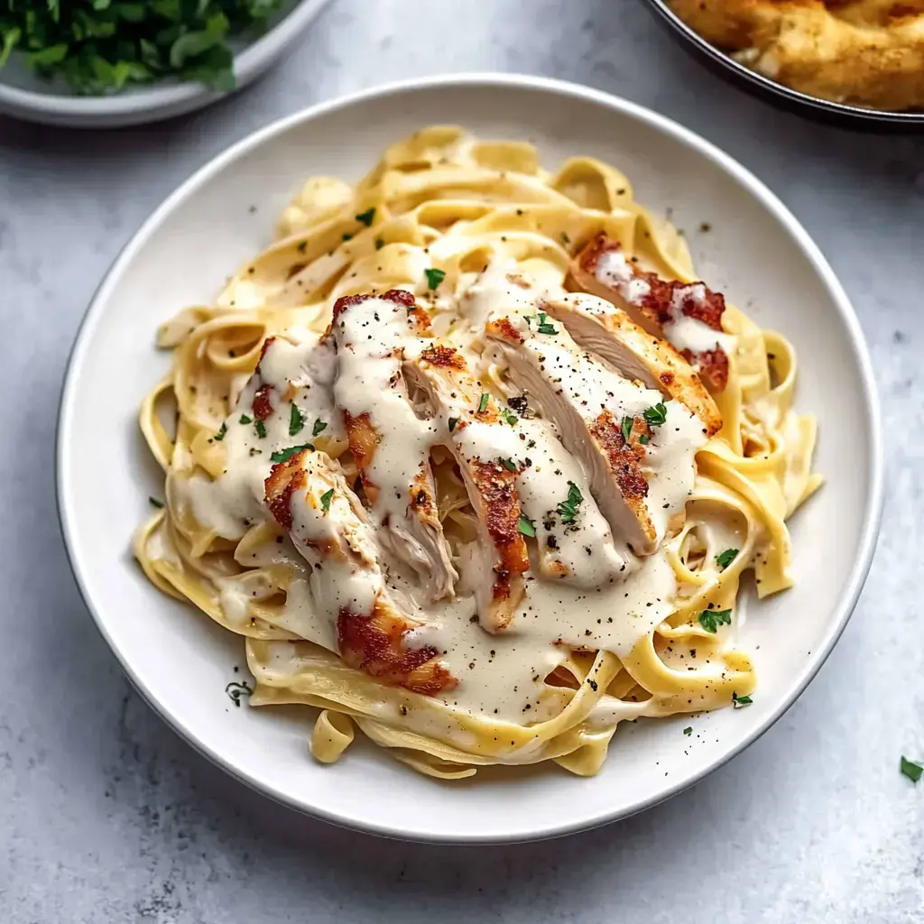 A plate of fettuccine pasta topped with slices of grilled chicken and a creamy sauce, garnished with parsley.