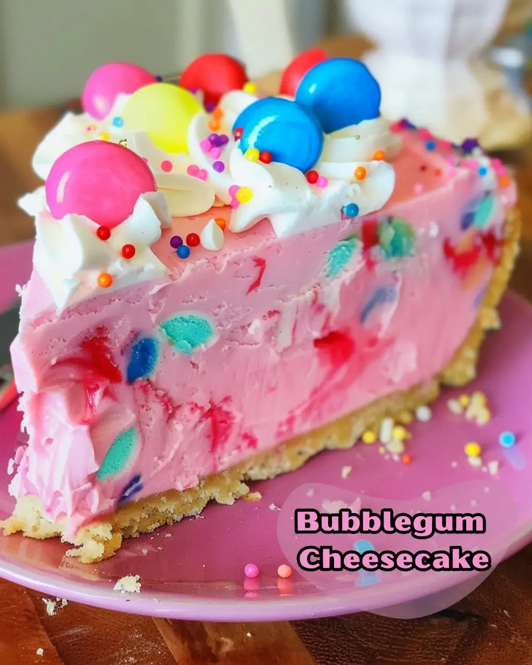 A slice of bubblegum cheesecake topped with colorful candies and whipped cream is displayed on a pink plate.