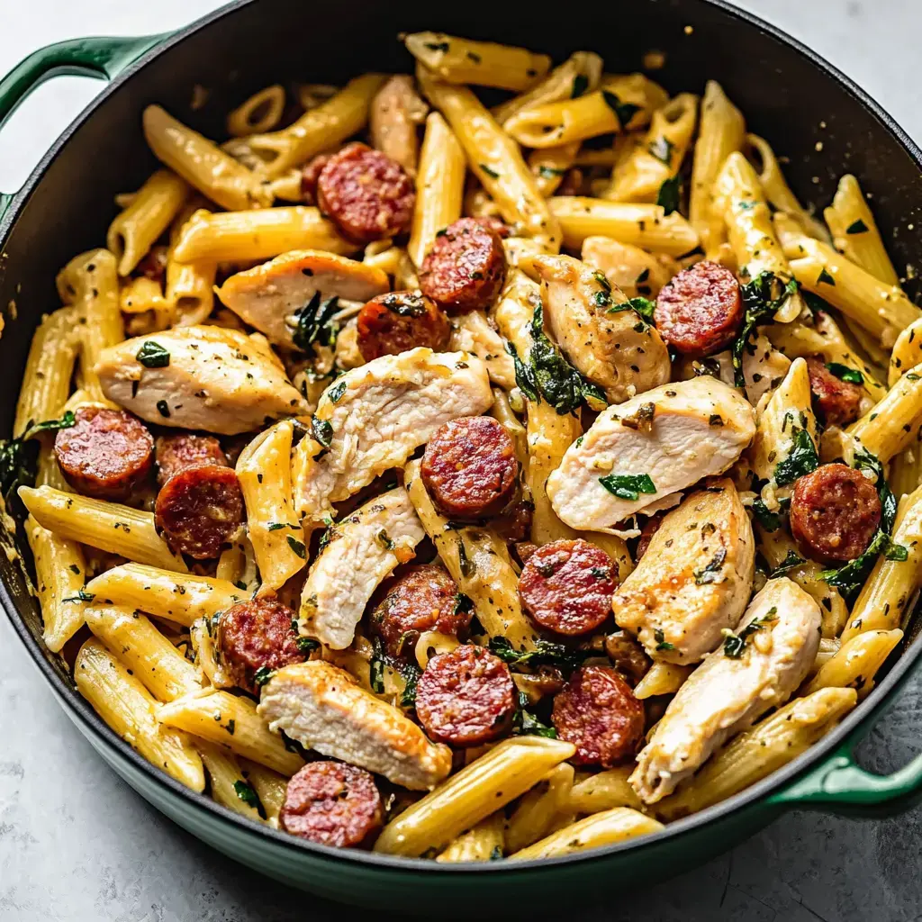 A close-up of a skillet filled with penne pasta, sliced chicken, and sausage, garnished with herbs.