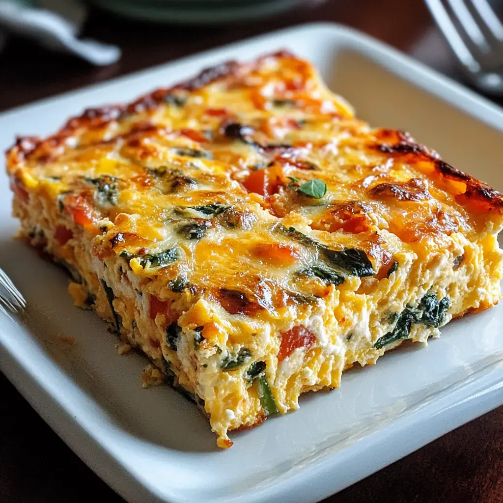 A slice of baked frittata featuring eggs, tomatoes, and spinach served on a white plate.