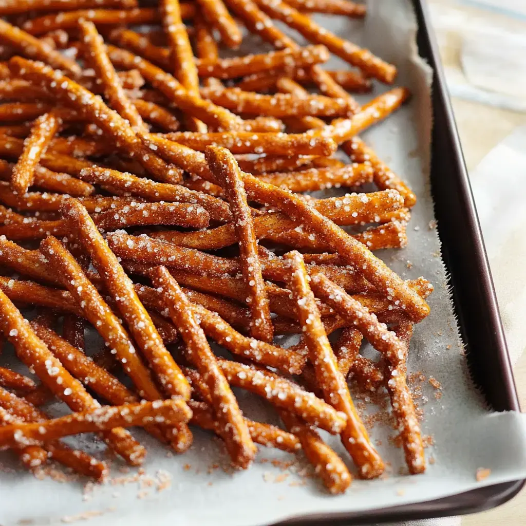 A close-up image of thin, crunchy pretzel sticks coated with a light sprinkle of salt, arranged on a baking tray lined with parchment paper.