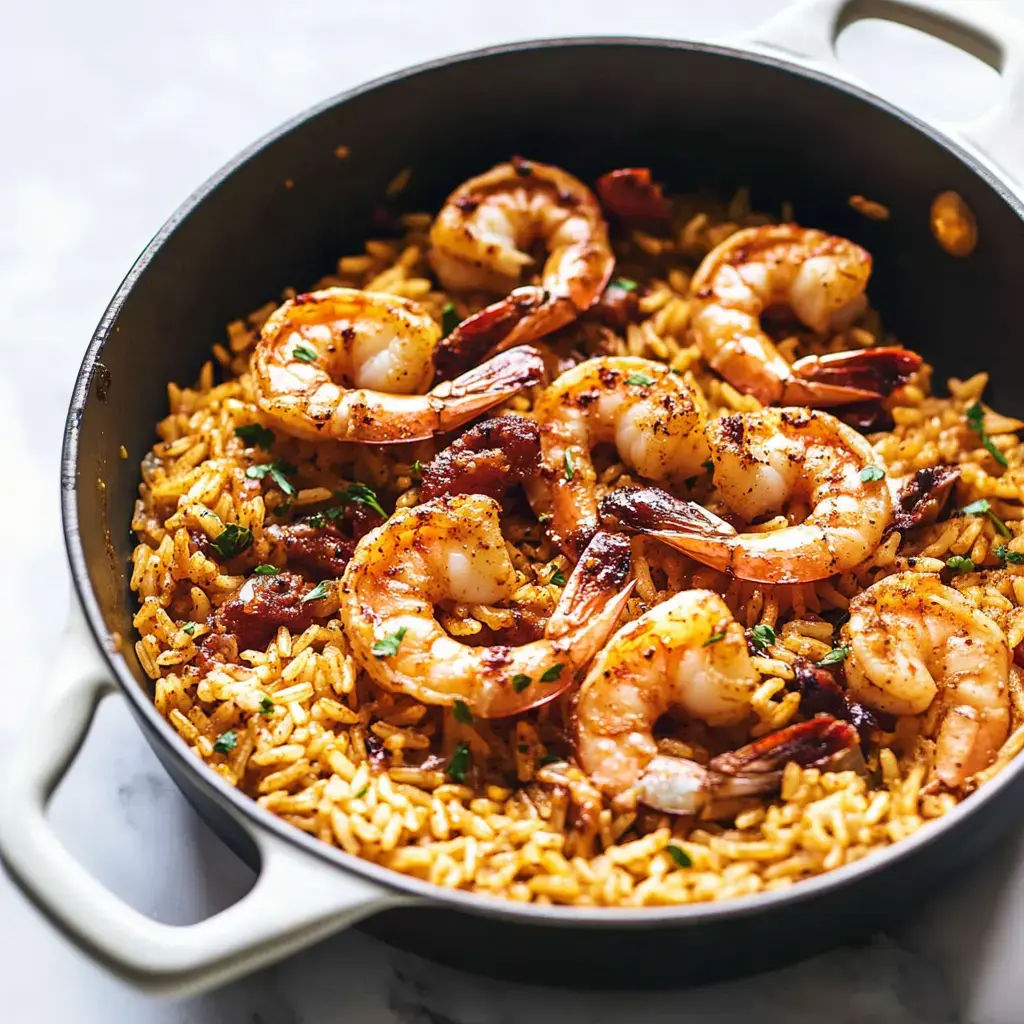 A skillet filled with flavorful shrimp and rice, garnished with herbs.