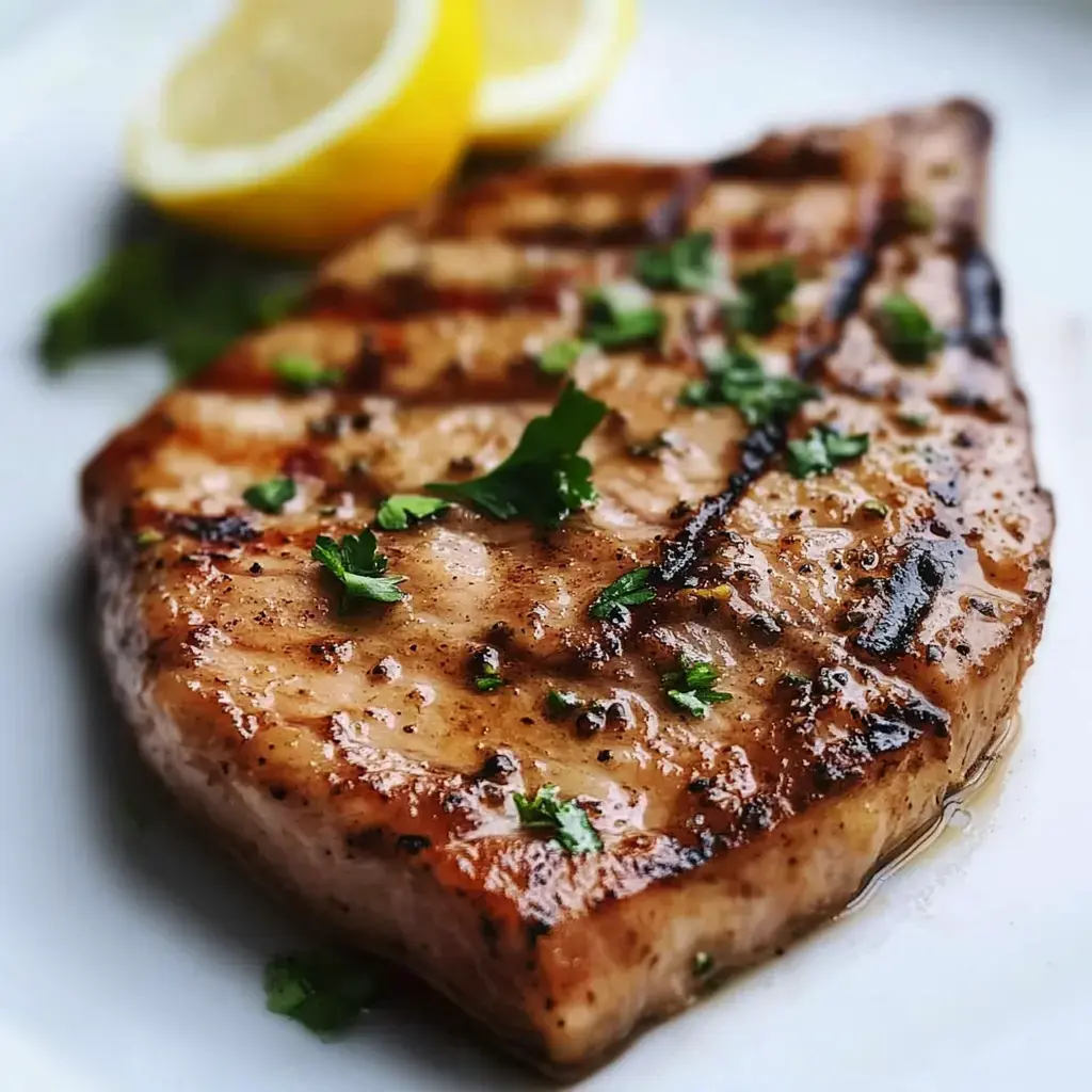 A grilled fish steak garnished with fresh herbs and accompanied by lemon wedges.