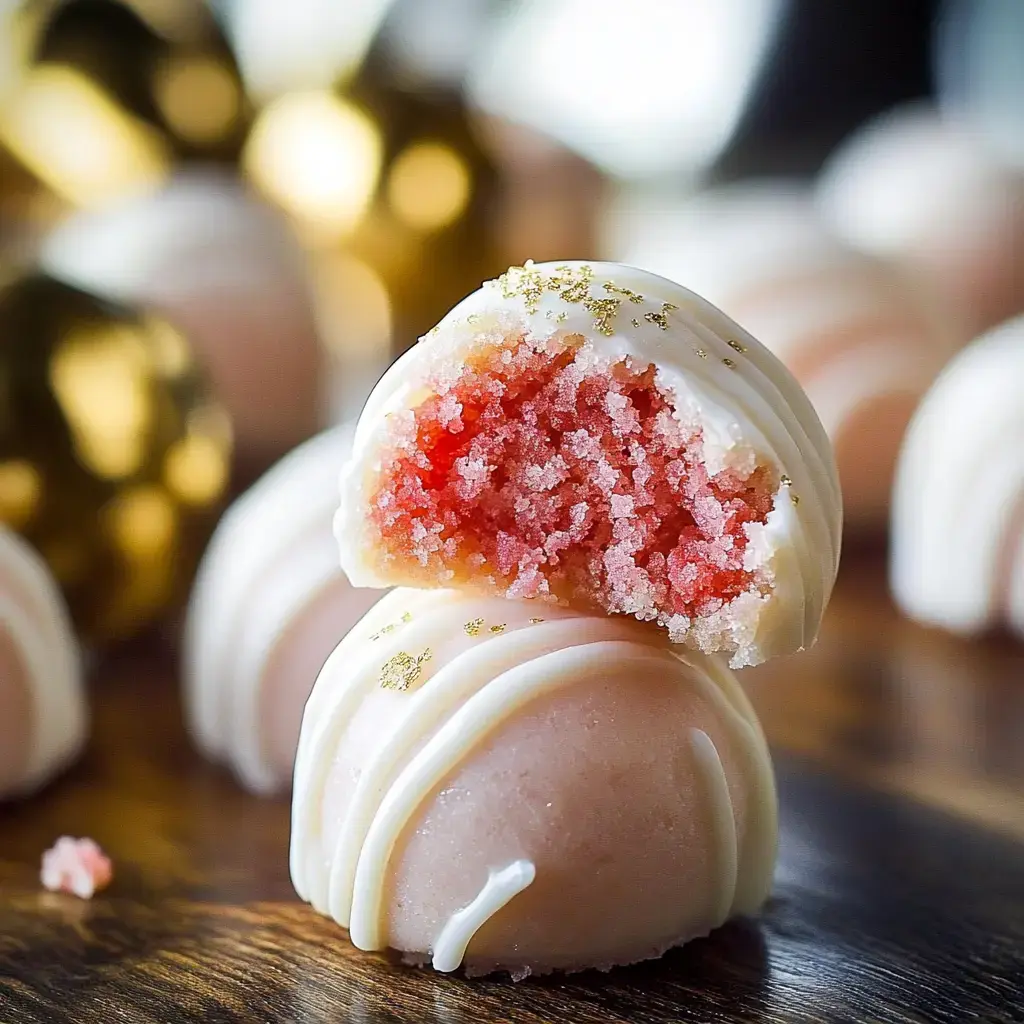 A pink and white confectionery treat is partially bitten, revealing a sweet, pink interior, with gold accents on top and similar treats softly blurred in the background.