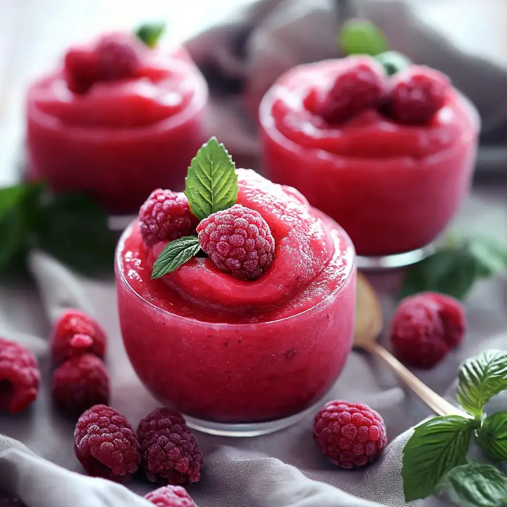 Three glasses of vibrant raspberry sorbet garnished with fresh raspberries and mint leaves, surrounded by scattered raspberries and greenery.