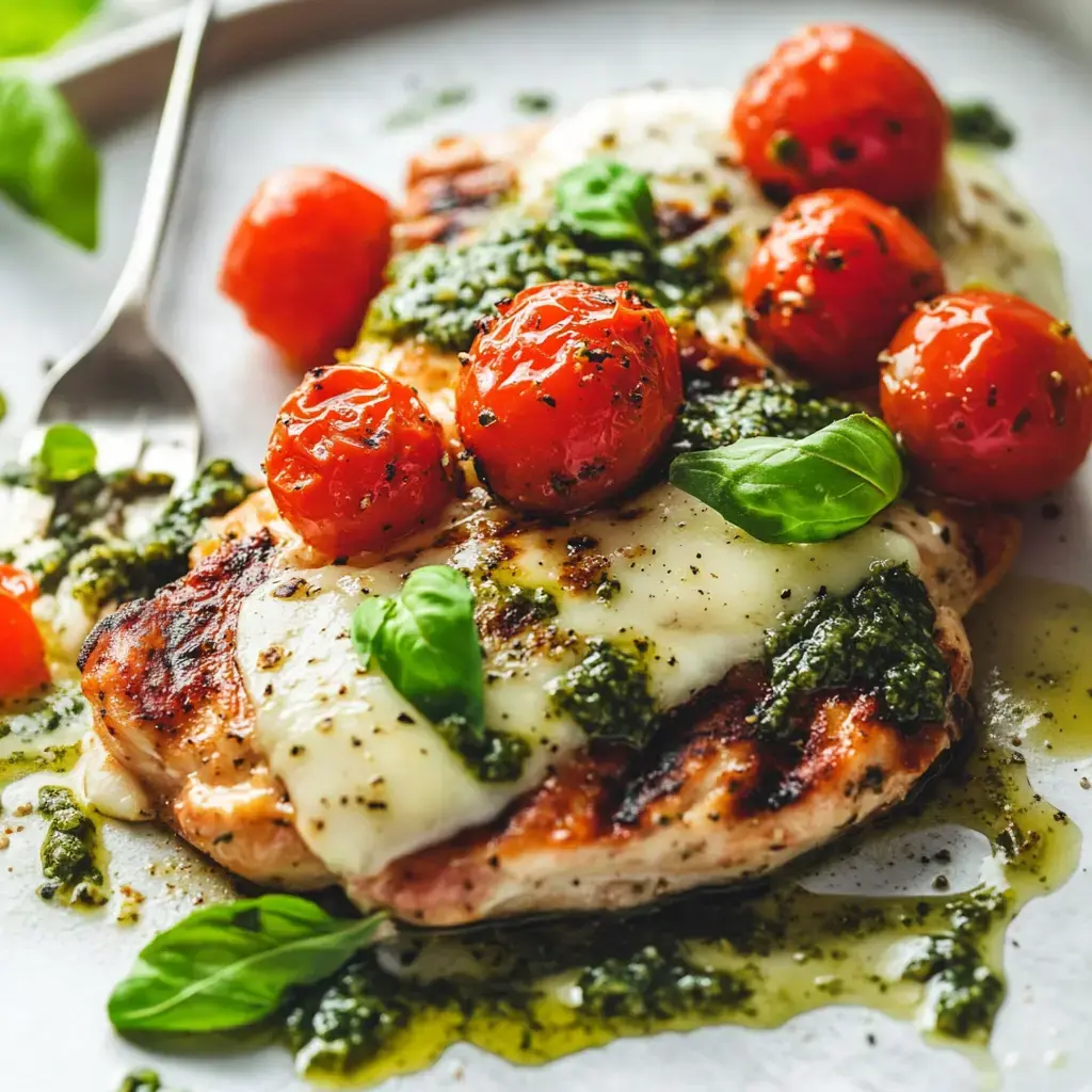 Grilled chicken breast topped with melted mozzarella, cherry tomatoes, pesto, and fresh basil.