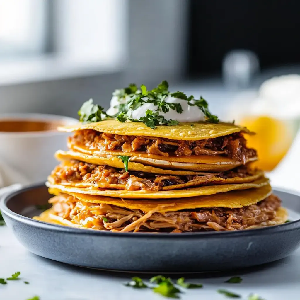 A stack of layered tortillas filled with meat and topped with cilantro and sour cream, served on a dark plate with a side of sauce.