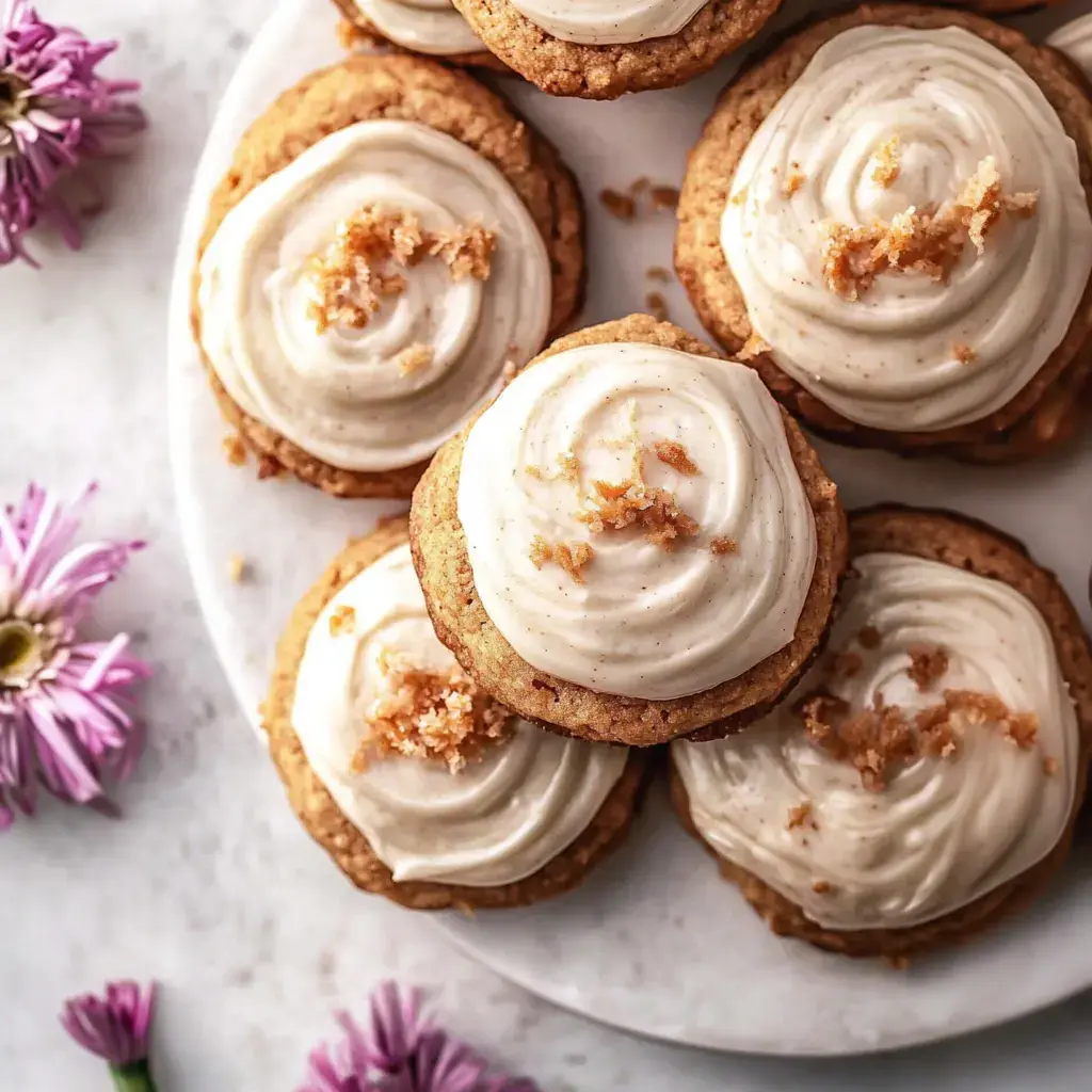 A close-up of a plate of freshly baked cookies topped with swirls of creamy frosting and sprinkled with crunchy bits, surrounded by purple flowers.